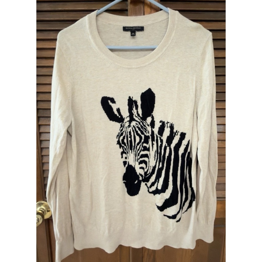 Banana Republic Womens XL Zebra Sweater Cream Black Intarsia Animal Knit
